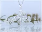 Round White Diamond Infinity Ribbon Cross Pendant with 18 Inch Silver Chain for Women (0.13 ctw, Color I-J, Clarity I2-I3) in 10K White Gold