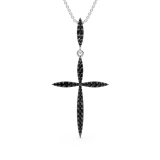 Round Black Diamond Twisting Religious Cross Pendant for Women 18 Inch Silver Chain (0.32 ctw, Color Black, Clarity Opaque) in 18K White Gold