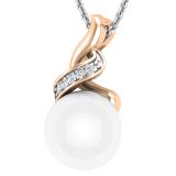 Round 9mm Cultured Freshwater Pearl and White Diamond Accent Crossover Pendant with 18 inch Silver Chain for Women in 14K Rose Gold