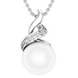 Round 9mm Cultured Freshwater Pearl and White Diamond Accent Crossover Pendant with 18 inch Silver Chain for Women in 18K White Gold