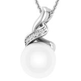 Round 9mm Cultured Freshwater Pearl and White Diamond Accent Crossover Pendant with 18 inch Silver Chain for Women in 18K White Gold