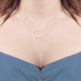 Uppercase Alphabet 'R' Initial Sideway Pendant with 18 inch Silver Chain for Women in 18K Rose Gold