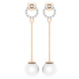 8mm Round Cultured Freshwater Pearl & 0.02 CT White Diamond Open Circle Linear Drop Earrings for Women in 10K Rose Gold
