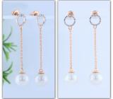 8mm Round Cultured Freshwater Pearl & 0.02 CT White Diamond Open Circle Linear Drop Earrings for Women in 10K Rose Gold