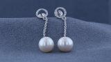 8mm Round Cultured Freshwater Pearl & 0.02 CT White Diamond Open Circle Linear Drop Earrings for Women in 925 Sterling Silver