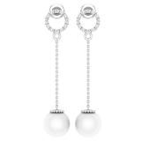 8mm Round Cultured Freshwater Pearl & 0.02 CT White Diamond Open Circle Linear Drop Earrings for Women in 925 Sterling Silver