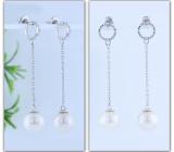 8mm Round Cultured Freshwater Pearl & 0.02 CT White Diamond Open Circle Linear Drop Earrings for Women in 925 Sterling Silver