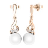 8mm Round Cultured Freshwater Pearl & 0.06CT Round White Diamond Twisted Swirl Pushback Drop Earrings for Women in 10K Rose Gold