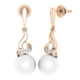 8mm Round Cultured Freshwater Pearl & 0.06CT Round White Diamond Twisted Swirl Screwback Drop Earrings for Women in 14K Rose Gold