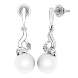 8mm Round Cultured Freshwater Pearl & 0.06CT Round White Diamond Twisted Swirl Screwback Drop Earrings for Women in 14K White Gold