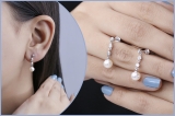 Round 6mm Cultured Freshwater Pearl & 0.17 CT White Diamond Each 3 Stone Linear Push Back Drop Dangle Earrings for Women in 925 Sterling Silver