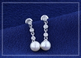 Round 6mm Cultured Freshwater Pearl & 0.17 CT White Diamond Each 3 Stone Linear Push Back Drop Dangle Earrings for Women in 925 Sterling Silver