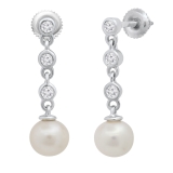 Round 6mm Cultured Freshwater Pearl & 0.17 CT White Diamond Each 3 Stone Linear Screw Back Drop Dangle Earrings for Women in 925 Sterling Silver