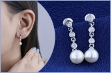 Round 6mm Cultured Freshwater Pearl & 0.17 CT White Diamond Each 3 Stone Linear Screw Back Drop Dangle Earrings for Women in 925 Sterling Silver