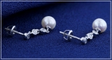 Round 6mm Cultured Freshwater Pearl & 0.17 CT White Diamond Each 3 Stone Linear Screw Back Drop Dangle Earrings for Women in 925 Sterling Silver