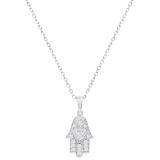 Round White Diamond Hamsa Hand Double Heart Dainty Pendant for Women with 18 Inch Silver Chain (0.19 ctw, Color I-J, Clarity I2-I3) in 925 Sterling Silver