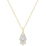 Round White Diamond Hamsa Hand Double Heart Dainty Pendant for Her with 18 Inch Gold Chain (0.19 ctw, Color I-J, Clarity I1-I2) in 18K Yellow Gold
