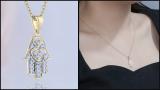 Round White Diamond Hamsa Hand Double Heart Dainty Pendant for Her with 18 Inch Gold Chain (0.19 ctw, Color I-J, Clarity I1-I2) in 18K Yellow Gold