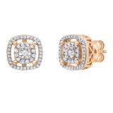 Round White Diamond Double Cushion Shape Flower Pushback Stud Earrings for Women (0.28 ctw Color I-J Clarity I2-I3) in 10K Rose Gold