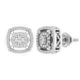 Round White Diamond Double Cushion Shape Flower Screwback Stud Earrings for Women (0.28 ctw Color I-J Clarity I1-I2) in 14K White Gold