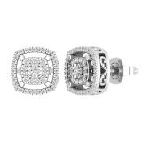 Round White Diamond Double Cushion Shape Flower Pushback Stud Earrings for Her (0.28 ctw Color I-J Clarity I2-I3) in 925 Sterling Silver