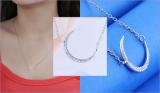 Round White Diamond Half Moon Style Pendant for Women with 18 Inch Silver Chain (0.11 ctw, Color I-J, Clarity I2-I3) in 925 Sterling Silver