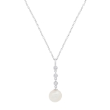 10mm Freshwater Pearl & 0.18 ctw Round White Diamond 3 Stone Drop Down Pendant with 18 Inch Silver Chain for Women in 925 Sterling Silver