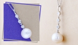 10mm Freshwater Pearl & 0.18 ctw Round White Diamond 3 Stone Drop Down Pendant with 18 Inch Gold Chain for Women in 18K White Gold
