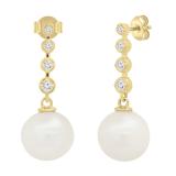 Round 10mm Cultured Freshwater Pearl & 0.21 CT White Diamond Each Graduating Dangle Drop Push Back Earrings for Women in 10K Yellow Gold