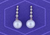 Round 10mm Cultured Freshwater Pearl & 0.21 CT White Diamond Each Graduating Dangle Drop Push Back Earrings for Women in 10K Yellow Gold