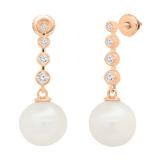 Round 10mm Cultured Freshwater Pearl & 0.21 CT White Diamond Each Graduating Dangle Drop Screw Back Earrings for Women in 18K Rose Gold