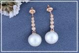 Round 10mm Cultured Freshwater Pearl & 0.21 CT White Diamond Each Graduating Dangle Drop Screw Back Earrings for Women in 18K Rose Gold