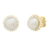 Round 7mm Freshwater Cultured Pearl with 0.19 CT White Diamond Halo Style Pushback Stud Earrings for Women in 10K Yellow Gold