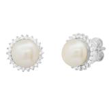 Round 7mm Freshwater Cultured Pearl with 0.19 CT White Diamond Halo Style Pushback Stud Earrings for Women in 925 Sterling Silver