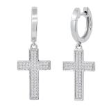 Round White Diamond Cross Dangle Hoop Earrings for Women (0.29 ctw, Color I-J, Clarity I2-I3) in 10K White Gold