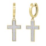 Round White Diamond Cross Dangle Hoop Earrings for Women (0.29 ctw, Color I-J, Clarity I1-I2) in 14K Yellow Gold