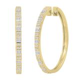 Alternating Baguette & Round White Diamond Ladies Hinged Huggie Hoop Earrings Earrings (0.61 ctw, Color I-J, Clarity I1-I2) in 14K Yellow Gold