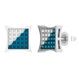 0.17 Carat (ctw) Round Blue & White Diamond Concave Square Cluster Unisex Stud Earrings in 10K White Gold in Push Back