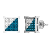 0.17 Carat (ctw) Round Blue & White Diamond Concave Square Cluster Unisex Stud Earrings in 925 Sterling Silver in Screw Back
