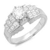 1.20 Carat (ctw) 14K White Gold Round & Princess Diamond Stepped Engagement Bridal Ring; Center 0.70 CT