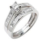 1.30 Carat (ctw) 14k White Gold Princess Diamond Ladies Bridal Engagement Ring Set