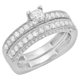 1.50 Carat (ctw) 14k White Gold Princess & Round Diamond Ladies Bridal Engagement Ring Set