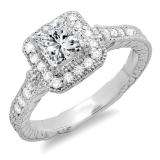 1.00 Carat (ctw) 14k White Gold Princess Diamond Halo Style Hand Engraved Engagement Bridal Ring; Center 0.70 CT