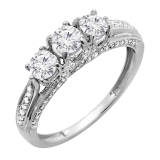 1.00 Carat (ctw) 14k White Gold Round Diamond Ladies Vintage Bridal 3 Stone Engagement Ring 1 CT