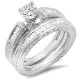 1.15 Carat (Ctw) 14k White Gold Round and Princess Diamond Ladies Bridal Ring Set with Matching Wedding Band (Center Diamond 0.55 CT)
