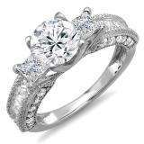 Certified 3.15 Carat (ctw) 14k White Gold Round & Princess Diamond Ladies 3 Stone Engagement Bridal Ring 1.38 CT center included