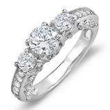 1.45 Carat (ctw) 14k White Gold Round Diamond Three Stone Engagement Bridal Ring; Center 0.70 CT