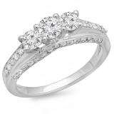1.25 Carat (ctw) 14k White Gold Round Diamond Ladies Bridal Engagement 3 Stone Ring
