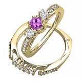 3 Stone Round Amethyst & White Diamond Bridal Ring Set for Women in 10K Yellow Gold