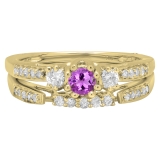 3 Stone Round Amethyst & White Diamond Bridal Ring Set for Women in 10K Yellow Gold